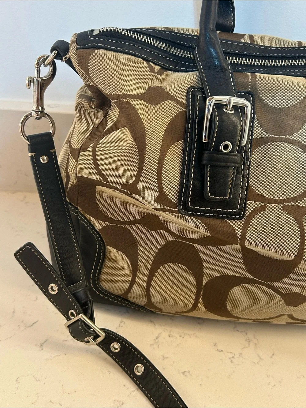 Coach Hampton Signature Satchel in Khaki Jacquard Canvas